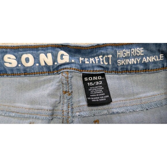 S.O.N.G. High Rise Jeans Women’s 15/32 Light Wash Frayed Hem Skinny Ankle - Picture 3 of 7